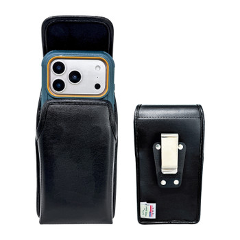 iPhone 17Pro and 17Air -Large- Fits w/ Defender Bulky Style Cases, Premium Black Leather, Vertical Belt Holder, Magnetic Closure HD Rotating Belt Clip