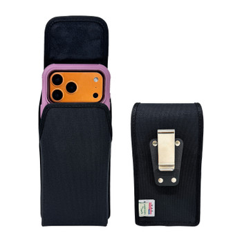 iPhone 17 ProMax, 17 Plus -Large- Fits w/ Defender Bulky Style Cases - Premium Black Nylon, Vertical Belt Holder, Magnetic Closure HD Rotating Belt Clip