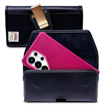 Samsung Galaxy Leather Belt Holder for S26 Ultra, S25 Ultra to S20 Ultra - Large - Fits with Defender or Bulky size case, Black Leather, Heavy Duty Belt Clip