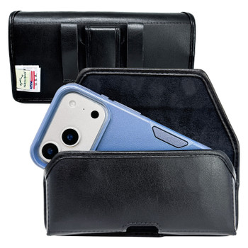 iPhone 17Pro and 17Air -Medium- Fits w/ Shockproof Commuter Style Cases, Premium Black Leather Horizontal Case, Magnetic Closure, Leather Wrapped Clip