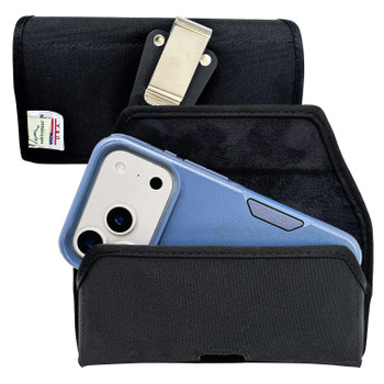 iPhone 17Pro and 17Air -Medium- Fits w/ Shockproof Commuter Style Cases, Premium Black Nylon, Horizontal Belt Holder, Magnetic Closure HD Rotating Clip