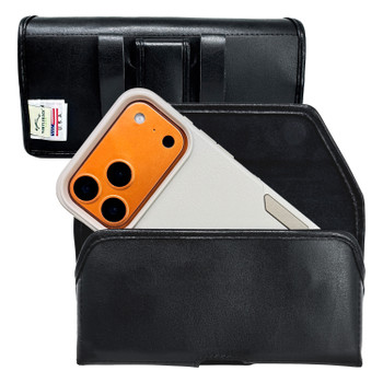 iPhone 17 ProMax, 17 Plus -Medium- Fits w/ Shockproof Commuter Style Cases, Premium Black Leather Horizontal Case Magnetic Closure Leather Wrapped Clip
