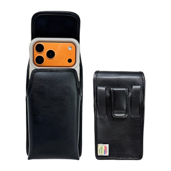 iPhone 17 ProMax, 17 Plus -Medium- Fits w/ Shockproof Commuter Style Cases, Premium Black Leather Vertical Holster, Magnetic Close Leather Wrapped Clip