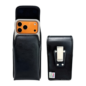 iPhone 17 ProMax, 17 Plus -Medium- Fits w/ Shockproof Commuter Style Cases, Premium Black Leather Vertical Belt Holder, Magnetic Closure HD Rotating Clip