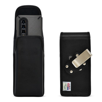 Galaxy Z Fold3 (2021) with Bulky Fit Case Vertical Holster Black Leather Pouch Heavy Duty Rotating Metal Belt Clip