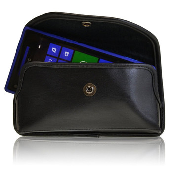 Horizontal Leather Extended Holster for HTC 8x Windows with Bulky Cases, Metal Belt Clip, Snap Closure