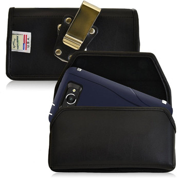 Horizontal Leather Extended Holster for Motorola Droid Turbo with Bulky Cases, Metal Belt Clip