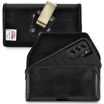 Galaxy S21 FE Fits with DEFENDER, Black Leather Holster Pouch with Heavy Duty Rotating Belt Clip, Horizontal Made in USA