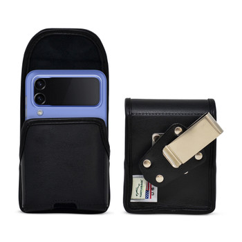 Galaxy Z Flip6 Flip 5 and 4 5G Vertical Holster Black Leather Pouch with Heavy Duty Rotating Belt Clip