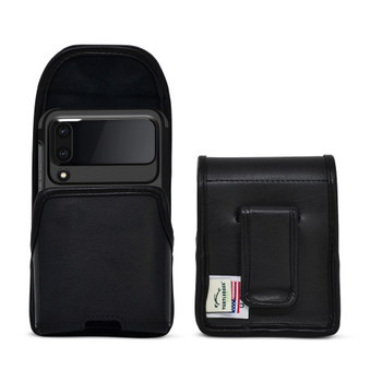 Galaxy Z Flip7 Flip6 & Flip5 Flip4 5G Bulky Fit Holster Case Black Leather Pouch with Executive Belt Clip