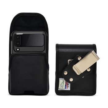 Galaxy Z Flip7 Flip6 Flip 5 and 4 5G Bulky Fit Vertical Holster Black Leather Pouch with Heavy Duty Rotating Belt Clip Galaxy Z Flip7 Flip6 Flip 5 and 4 5G Bulky Fit Vertical Holster Black Leather Pouch with Heavy Duty Rotating Belt Clip