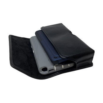 USA Assembled Dual Phone Holster Carries 2 EXTRA LARGE Phones -  Horizontal Black Leather Pouch with Heavy Duty Rotating Belt Clip, Assembled in USA