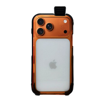Balastec®  Unbreakable Belt Clip shown with an iPhone 17 ProMax Phone in a Slim Apple Clear Style Case