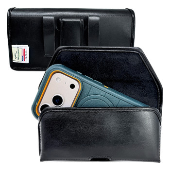 Turtleback Brown Belt Holder for iPhone 17 Pro 17 Air, 16 Pro, 15 Pro 14 Pro & 13 Pro - Large - Fits with Bulky Hybrid Style Cases, Premium Brown Leather, Horizontal Belt Loop Case, Magnetic Close, Leather Wrapped Belt Clip