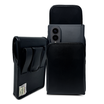 Samsung Z Fold8 -Small- Fits with Slim Style Cases, Black Leather Vertical Belt Loop Holster Magnetic Closure Leather Wrapped Clip