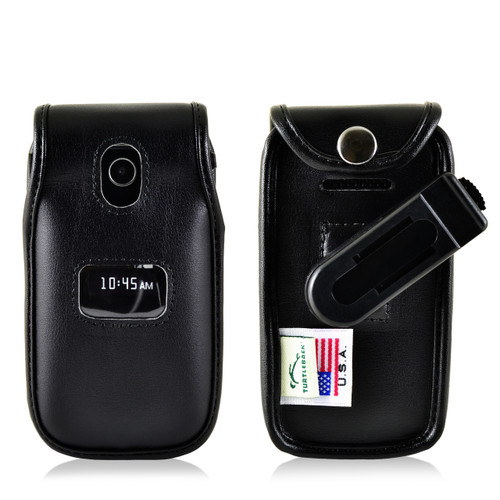ZTE Cymbal Z320 Flip Phone Black LEATHER Belt Fitted Case Removable Belt Clip