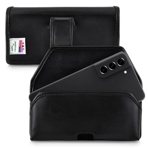 S21 FE Black Belt Case with Flush Leather Covered Metal Belt Clip Black Leather Horizontal Pouch