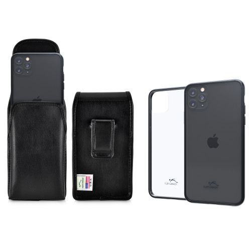 Tough Defense Combo for iPhone 11 Pro, Blu/Clr Drop Test Case + Vertical Pouch, Leather Clip