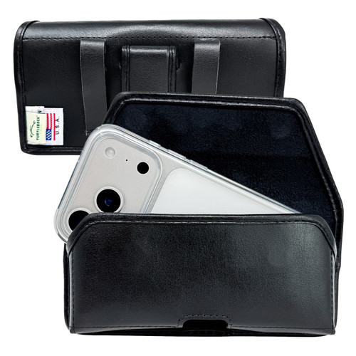iPhone 17Pro and 17Air -Small- Fits w/ Slim MagSafe Style Cases, Premium Black Leather Horiz. Belt Holster, Magnetic Closure, Leather Wrapped Belt Clip