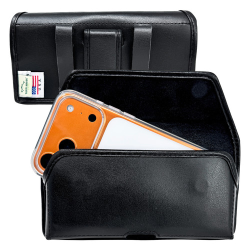 iPhone 17 ProMax, 17 Plus-Small- Fits w/ Slim MagSafe Style Cases, Premium Black Leather Horiz. Belt Holster, Magnetic Closure, Leather Wrapped Clip