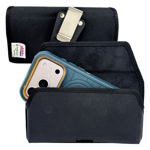 iPhone 17Pro and 17Air -Large- Fits w/ Defender Bulky Style Cases, Premium Black Nylon, Horizontal Belt Holder, Magnetic Closure HD Rotating Belt Clip