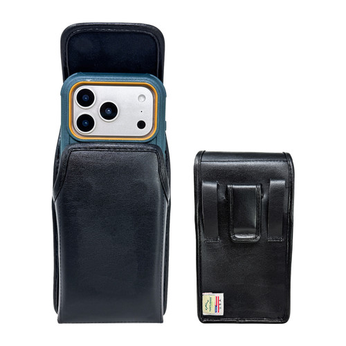 iPhone 17Pro and 17Air -Large- Fits w/ Defender Bulky Style Cases, Premium Black Leather Vertical Holster, Magnetic Closure Leather Wrapped Belt Clip