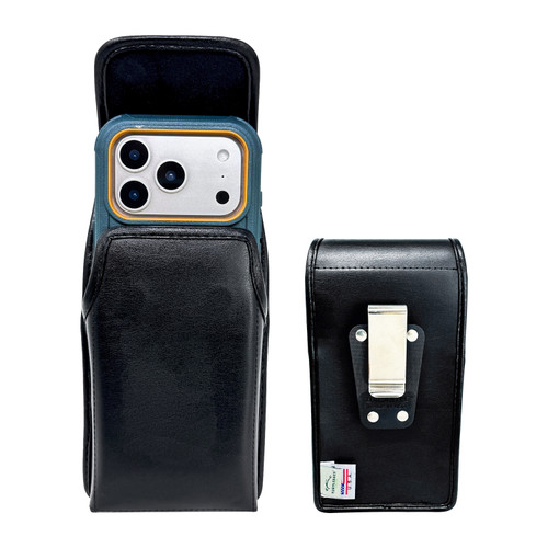 iPhone 17Pro and 17Air -Large- Fits w/ Defender Bulky Style Cases, Premium Black Leather, Vertical Belt Holder, Magnetic Closure HD Rotating Belt Clip