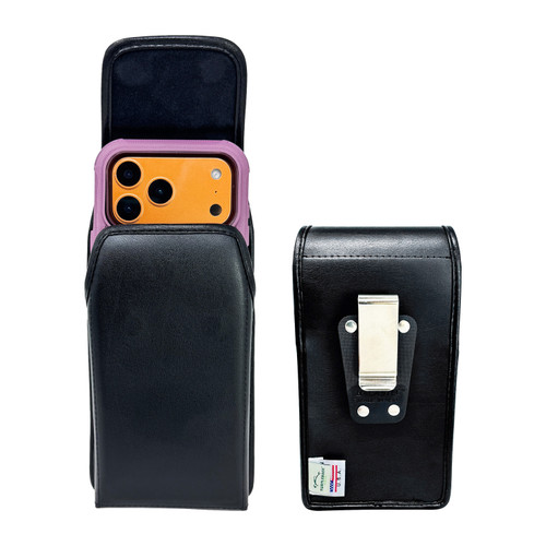 iPhone 17 ProMax, 17 Plus -Large- Fits w/ Defender Bulky Style Cases, Premium Black Leather, Vertical Belt Holder, Magnetic Closure HD Rotating Belt Clip