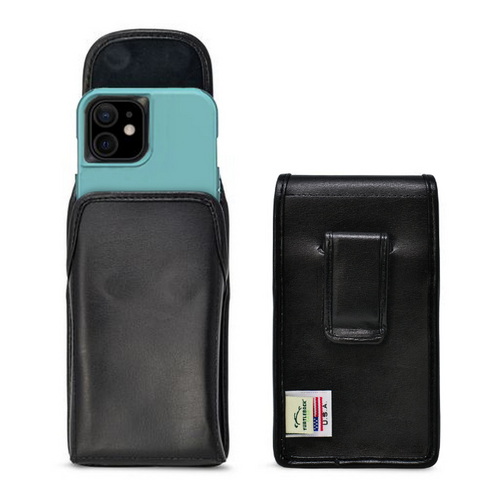 iPhone 14 13 12 (Standard & Pro models) Fits with Shockproof OTTERBOX COMMUTER, Black Leather Vertical Holster Case with Executive Belt Clip, Made in USA