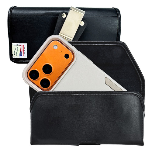 iPhone 17 ProMax, 17 Plus -Medium- Fits w/ Shockproof Commuter Style Cases, Premium Black Leather, Horiz. Belt Holder, Magnetic Closure HD Rotating Clip