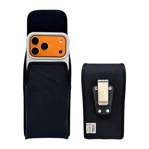iPhone 17 ProMax, 17 Plus -Medium- Fits w/ Shockproof Commuter Style Cases - Premium Black Nylon, Vertical Belt Holder Magnetic Closure, HD Rotating Clip