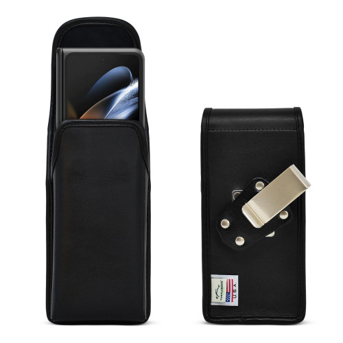 Galaxy Z Fold 5 Fold 4 5G  Thin Fit Case Vertical Holster Black Leather Pouch with Heavy Duty Rotating Belt Clip