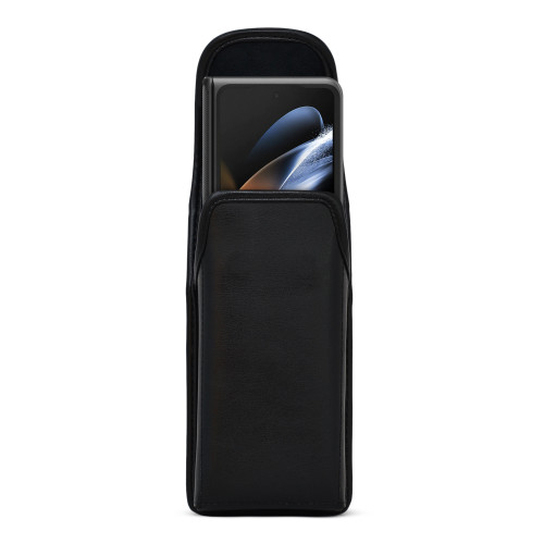Galaxy Z Fold4 (2022) with Bulky Fit Case Vertical Holster Black Leather Pouch Heavy Duty Rotating Belt Clip