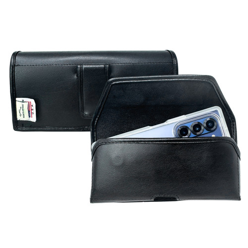 Galaxy Z Fold7 2025 with Bulky Defender Style Fit Case Horizontal Belt Case Black Leather Pouch with Heavy Duty Rotating Belt Clip