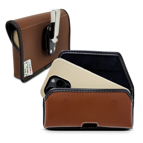 Turtleback Brown Belt Clip for iPhone 17 Pro 17 Air, 16 Pro, 15 Pro 14 Pro & 13 Pro -Small - Fits with Thin Silicone Style Case Cases - Premium Brown Leather, Horizontal Belt Holder, Magnetic Closure, HD Rotating Clip