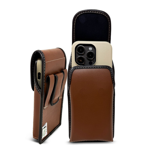 Turtleback Brown Belt Holder for iPhone 17 Pro 17 Air, 16 Pro, 15 Pro 14 Pro & 13 Pro -Small - Fits with Thin Silicone Style Cases, Premium Brown Leather Vertical Belt Loop Holster Magnetic Closure Leather Wrapped Clip