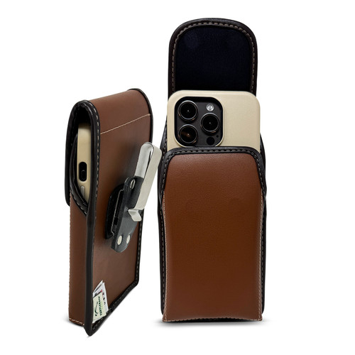 Turtleback Brown Belt Clip for iPhone 17 Pro 17 Air, 16 Pro, 15 Pro 14 Pro & 13 Pro -Small - Fits with Thin Silicone Style Cases, Premium Brown Leather, Vertical Belt Holder, Magnetic Closure HD Rotating Belt Clip