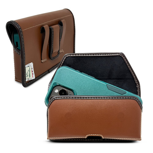 Turtleback Brown Belt Holder for iPhone 17 Pro 17 Air, 16 Pro, 15 Pro 14 Pro & 13 Pro - Medium - Fits with Symmetry, Hybrid Style Cases, Premium Brown Leather Horizontal Belt Loop Case Magnetic Closure Leather Wrapped Clip