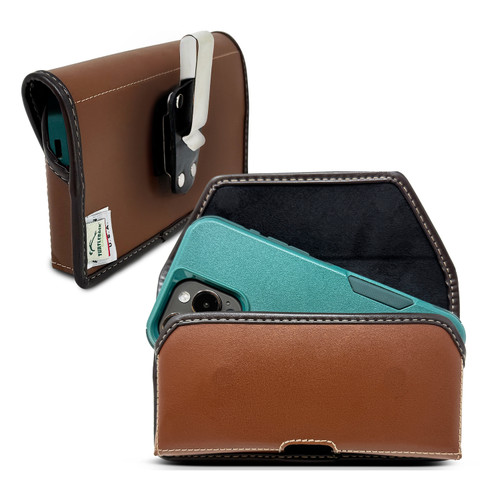 Turtleback Brown Belt Clip for iPhone 17 Pro 17 Air, 16 Pro, 15 Pro 14 Pro & 13 Pro -Medium- Fits with a Symmetry, Hybrid Style Cases, Premium Brown Leather, Horizontal Belt Holder, Magnetic Closure HD Rotating Clip