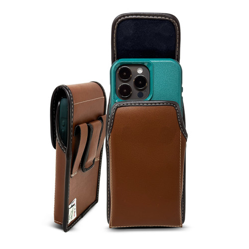 Turtleback Brown Belt Holder for iPhone 17 Pro 17 Air, 16 Pro, 15 Pro 14 Pro & 13 Pro -Medium- Fits with Symmetry, Hybrid Style Cases, Premium Brown Leather Vertical Belt Loop Holster, Magnetic Closure Leather Wrapped Clip