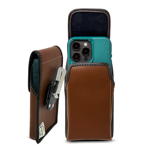 Turtleback Brown Belt Clip for iPhone 17 Pro 17 Air, 16 Pro, 15 Pro 14 Pro & 13 Pro -Medium- Fits with Symmetry, Hybrid Style Cases, Premium Brown Leather Vertical Belt Holder, Magnetic Closure HD Rotating Clip
