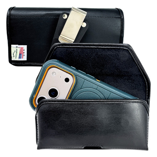 Turtleback Brown Belt Clip for iPhone 17 Pro 17 Air, 16 Pro, 15 Pro 14 Pro & 13 Pro - Large - Fits with Bulky Hybrid Style Cases, Premium Brown Leather, Horizontal Belt Holder, Magnetic Closure, HD Rotating Clip