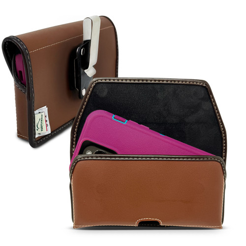 Turtleback Brown Belt Clip for iPhone 17 Pro 17 Air, 16 Pro, 15 Pro 14 Pro & 13 Pro - Large - Fits with Bulky Defender, Armor Style Case, Premium Brown Leather, Horizontal Belt Holder, Magnetic Closure, HD Rotating Clip