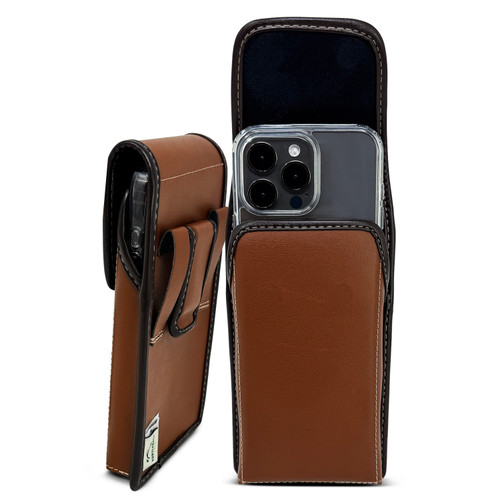 Turtleback Brown Belt Holder for iPhone 17 ProMax 17 Plus, 16 Promax, 15, 14, 13 Plus - Small - Fits with Slim Thin Silicone Style Cases, Premium Brown Leather Vertical Belt Loop Holster Magnetic Closure Leather Wrapped Clip