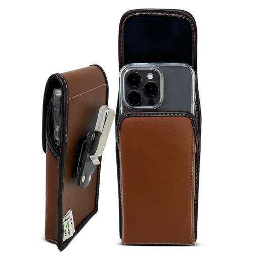 Turtleback Brown Belt Clip for iPhone 17 ProMax 17 Plus, 16 Promax, 15, 14, 13 Plus - Small - Fits with Slim Thin Silicone Style Cases, Premium Brown Leather, Vertical Belt Holder, Magnetic Closure HD Rotating Belt Clip