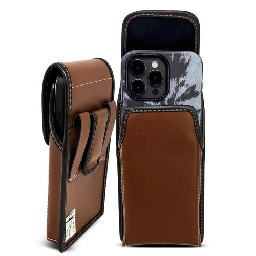 Turtleback Brown Belt Holder for iPhone 17 ProMax 17 Plus, 16 Promax, 15, 14, 13 Plus - Medium - Fits with Symmetry, Hybrid Style Cases, Premium Brown Leather Vertical Belt Loop Holster, Magnetic Closure Leather Wrapped Clip