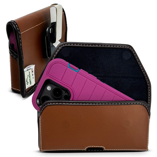 Turtleback Brown Belt Clip for iPhone 17 ProMax 17 Plus, 16 Promax, 15, 14, 13 Plus - Large - Fits with Bulky Defender Style Cases, Premium Brown Leather, Horizontal Belt Holder, Magnetic Closure, HD Rotating Clip