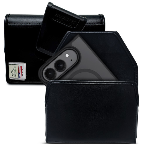 Turtleback iPhone Ultra Foldable - Small - Fits Slim Style Cases, Premium Black Leather Horizontal Phone Holder, Magnetic Closure, HD Rotating Belt Clip