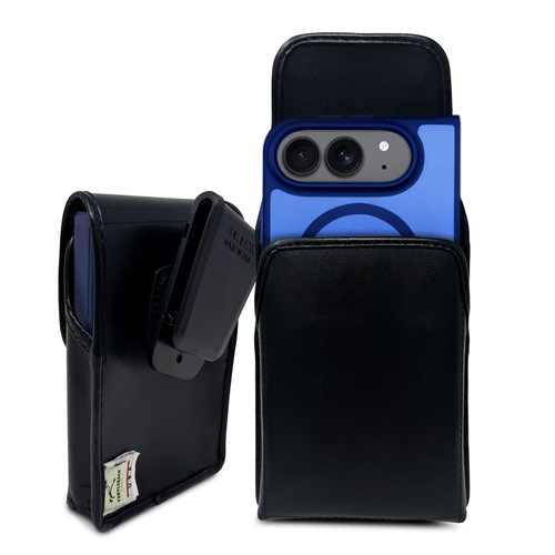 Turtleback iPhone Ultra Foldable - Large - Fits Defender Bulky Style Cases, Premium Black Leather Vertical Belt Clip, Magnetic Closure, HD Rotating Belt Holder