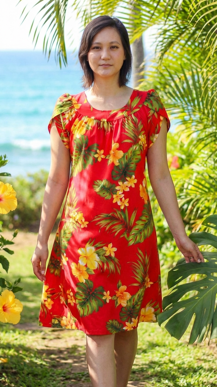 RJC Women's Frangipani Rose Mallow Muumuu Dress - Hawaiian Muumuu